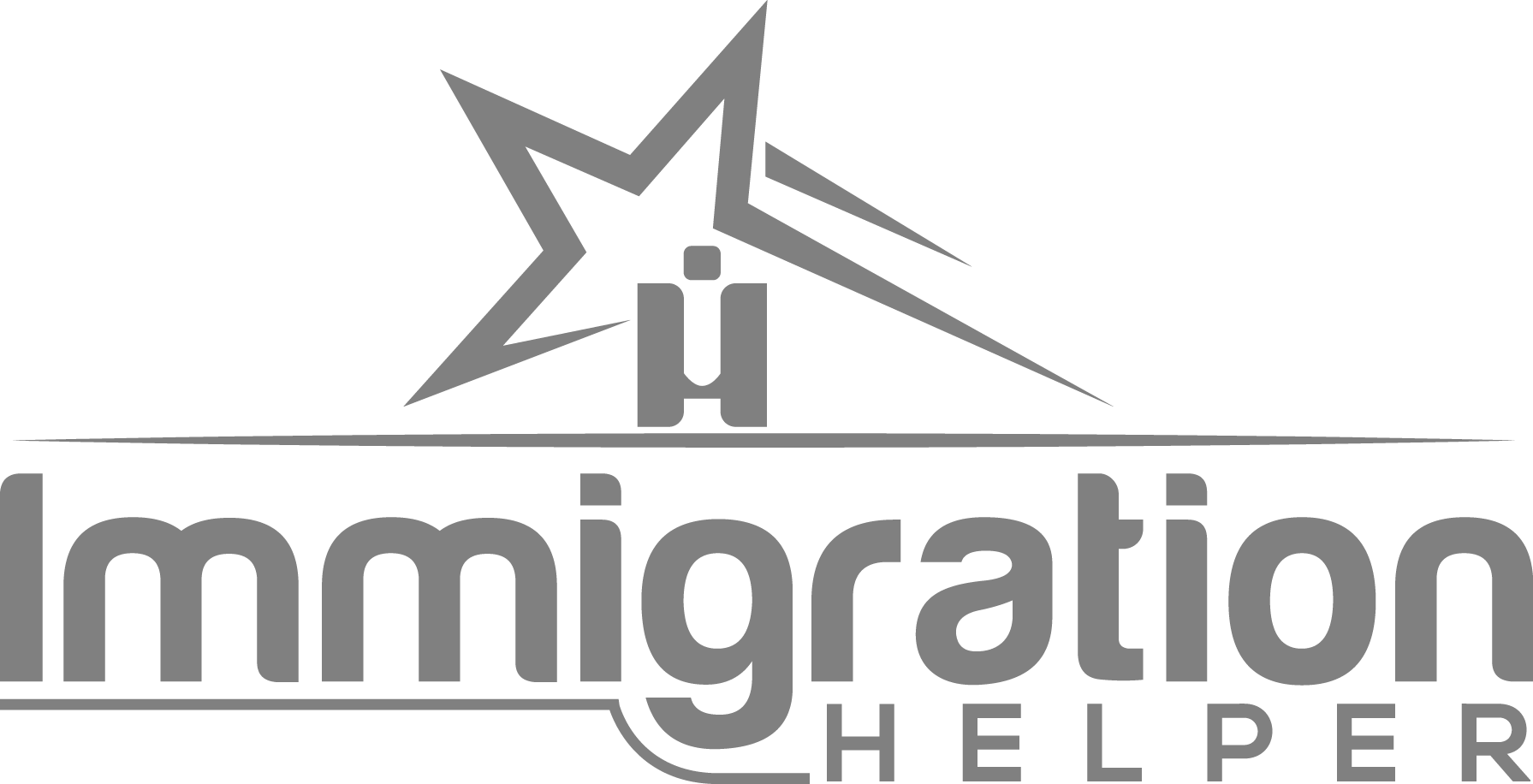 Immigration Helper Logo in Gray with tall, slender woman with brown eyes and brown hair with open smile in blue cardigan folding her arms