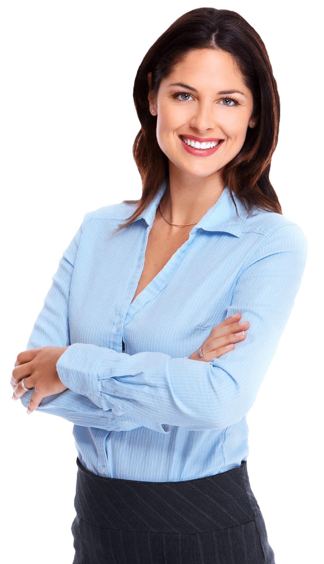 Caucasin woman with medium length brown hair and blue eyes, smiling showing teeth, wearing an oxford style dress shirt with a vneck and arms folded